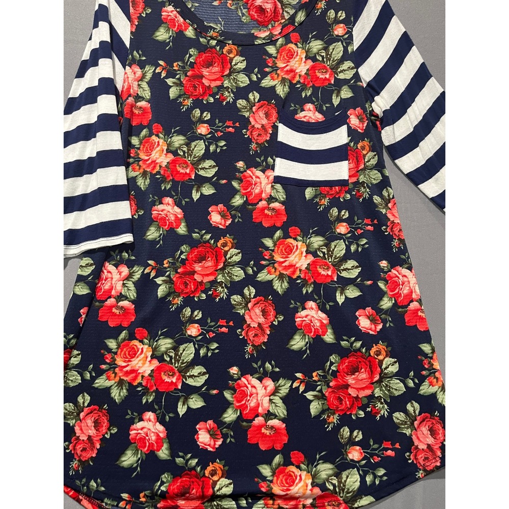 Lilypad Women Floral Stripe Mixed Print Tunic Top Navy Red Medium LT1811-1